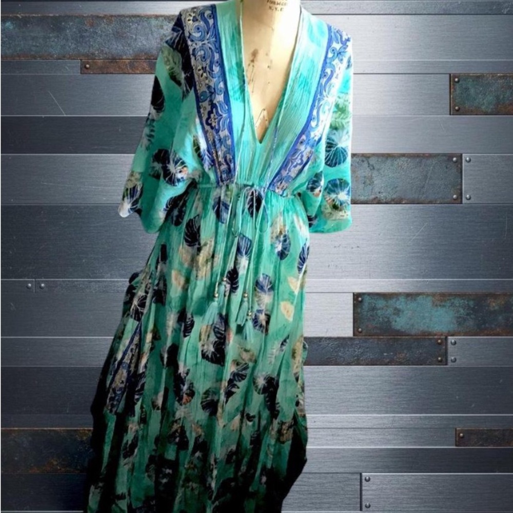 Zury Bohemian V-Neck Teal Floral Maxi Dress with Drawstring Waist